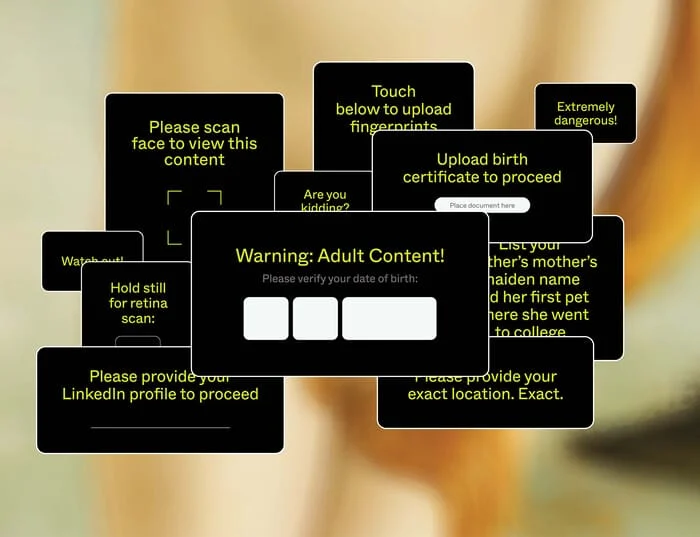 A series of pop-ups over a blurry screen prompt a user to, among other things, confirm their age and location, as well as submit to a retina scan.