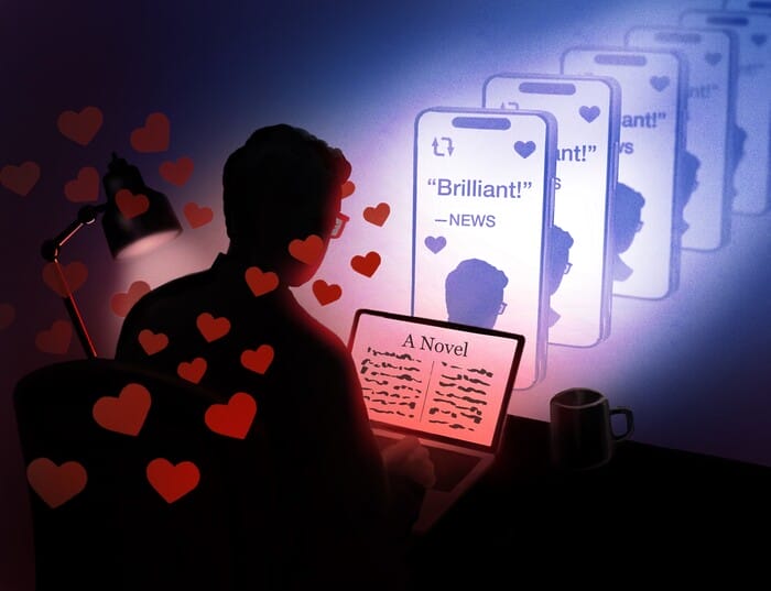 A man looks at his laptop, behind which appear several smartphones that all show a quote from a review that says "Brilliant!"