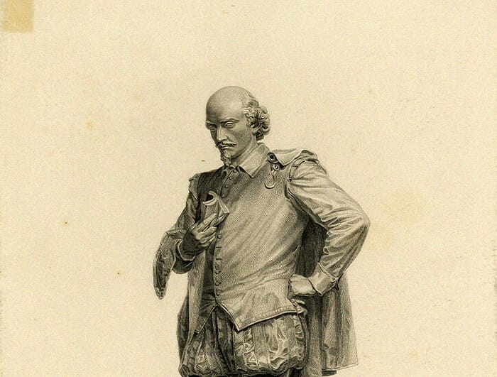 A line drawing of a statue of William Shakespeare.