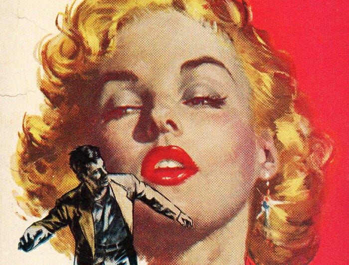 The specter of a blonde woman with red lips hangs over a map in a jacket.