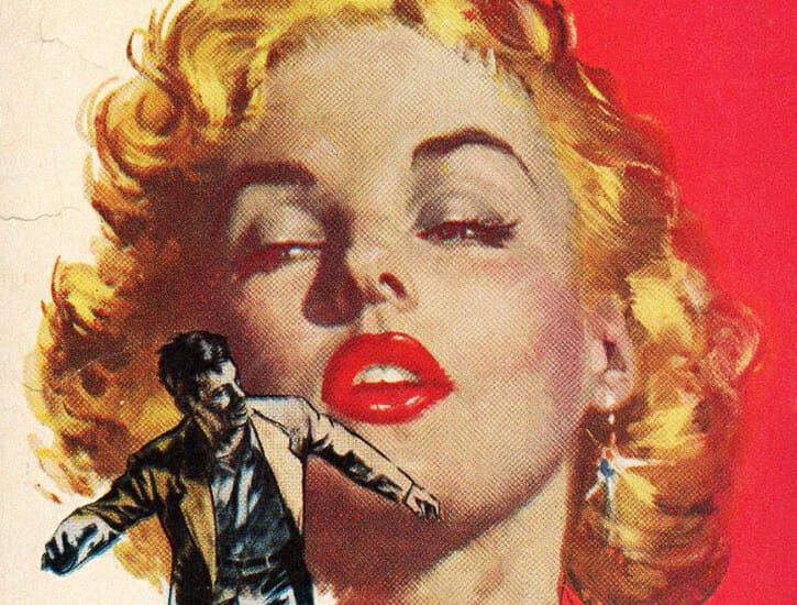 The specter of a blonde woman with red lips hangs over a map in a jacket.