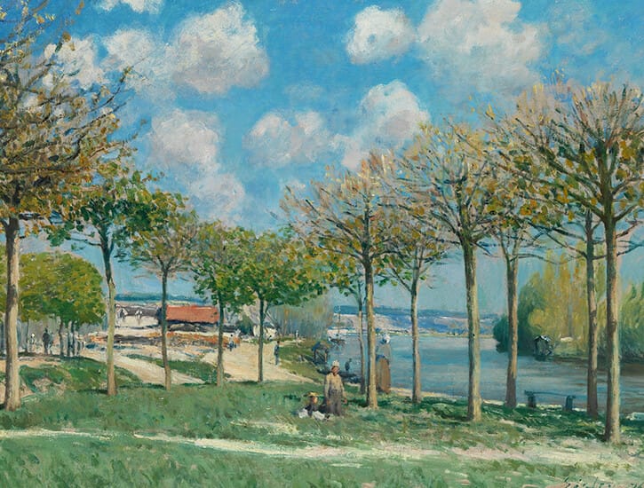 An oil painting of trees before a river. The sky is spotted with clouds.