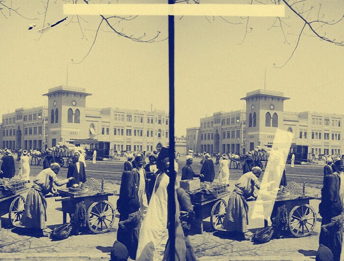 Two photos side-by-side of a bustling square in front of a train station.