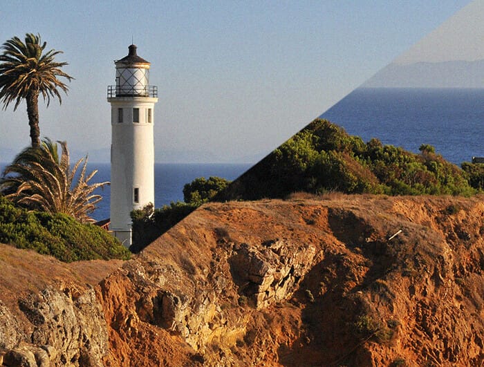 A photograph of the Point Vicente Lighthouse on the Palos Verdes Peninsula split in two, with one side rising higher than the other.