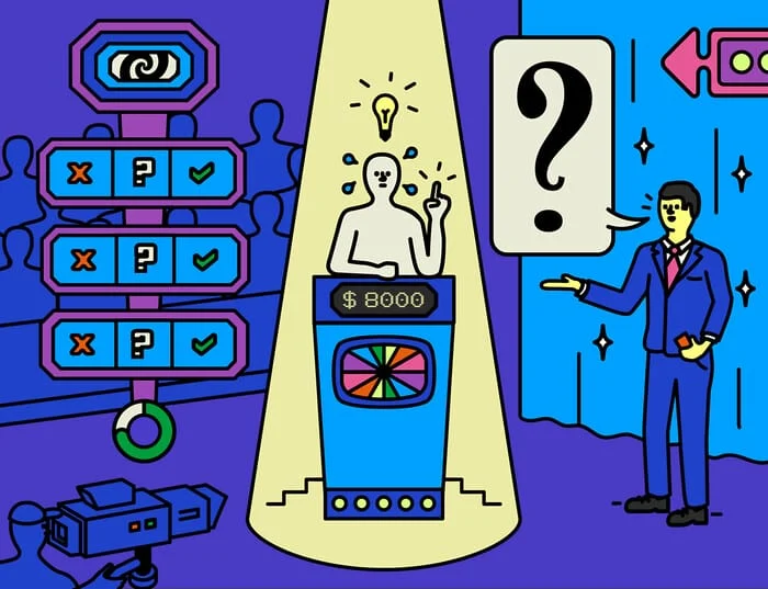 A cartoon figure stands behind a game show podium. A light bulb appears above their head. To their left, the host appears to ask a trivia question.