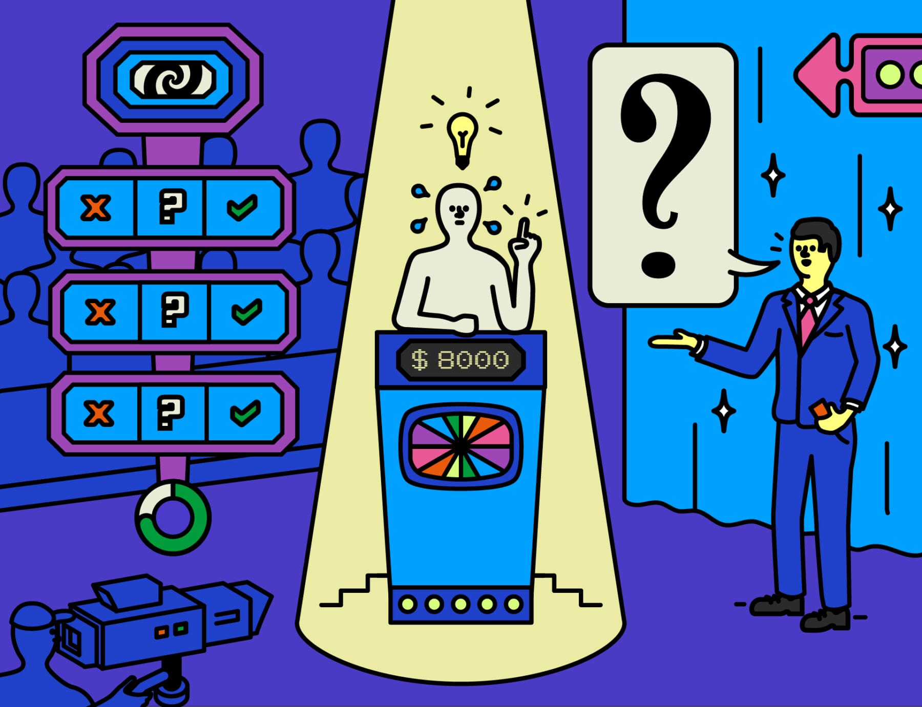 A cartoon figure stands behind a game show podium. A light bulb appears above their head. To their left, the host appears to ask a trivia question.