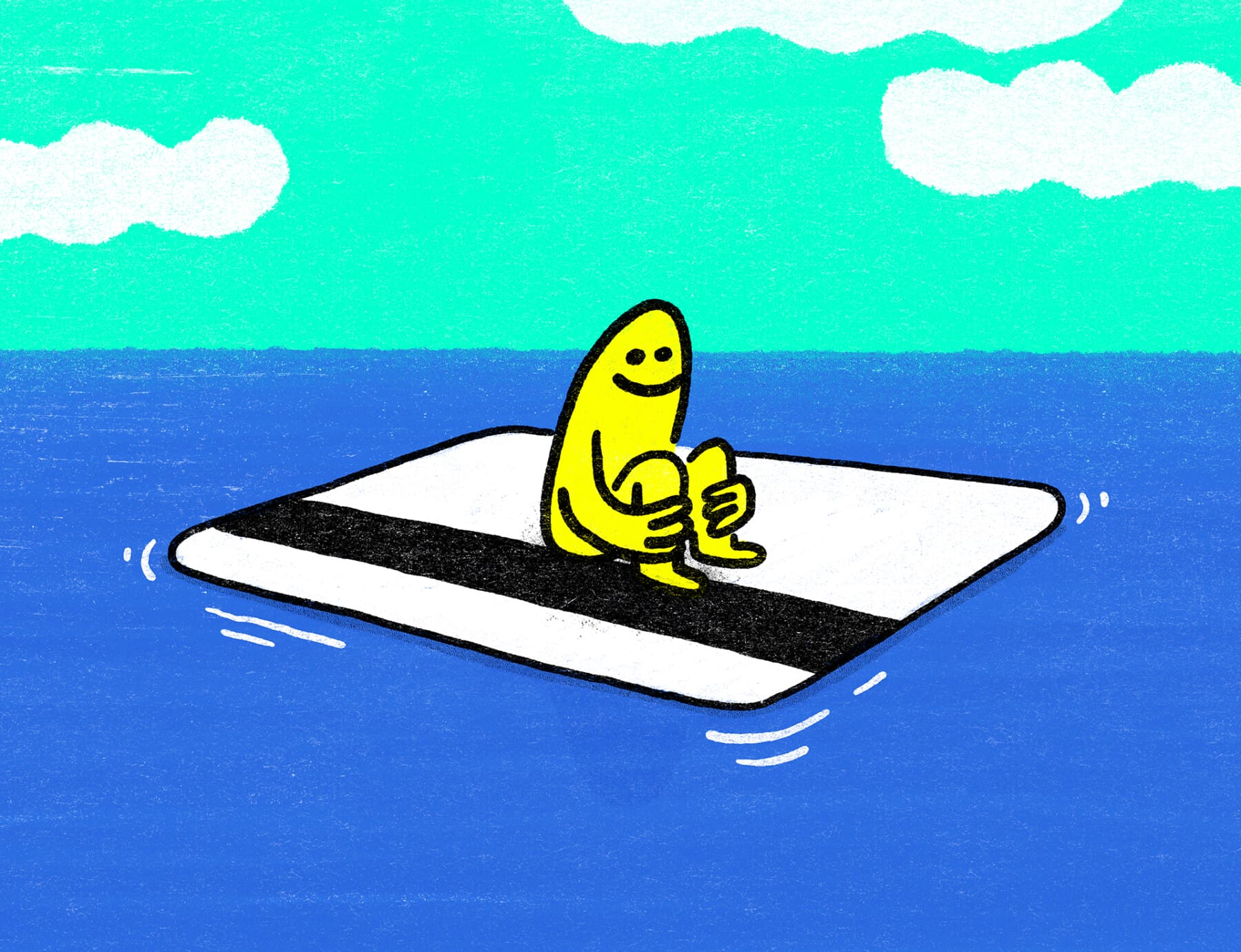 A cartoonish yellow figure with a smile sits on a large credit card adrift on the sea.