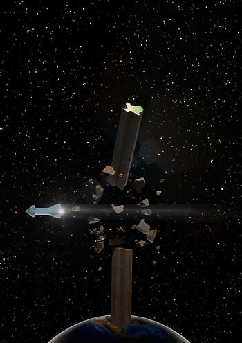 A rocket blasts through and splits a column shaped like the state of Texas that’s protruding from planet Earth in the expanse of space.