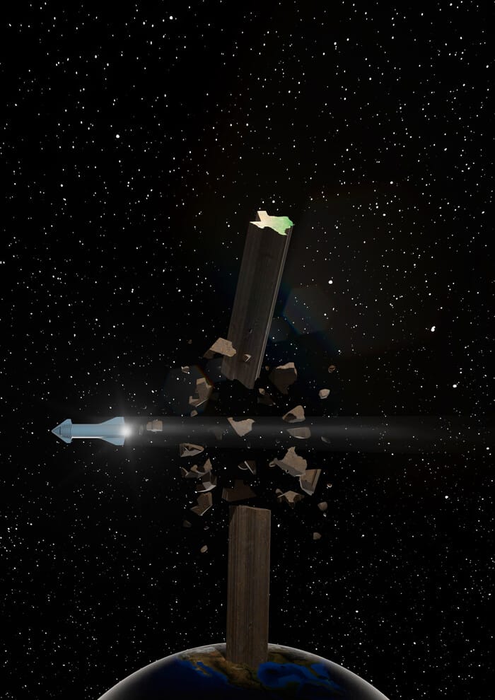 A rocket blasts through and splits a column shaped like the state of Texas that’s protruding from planet Earth in the expanse of space.