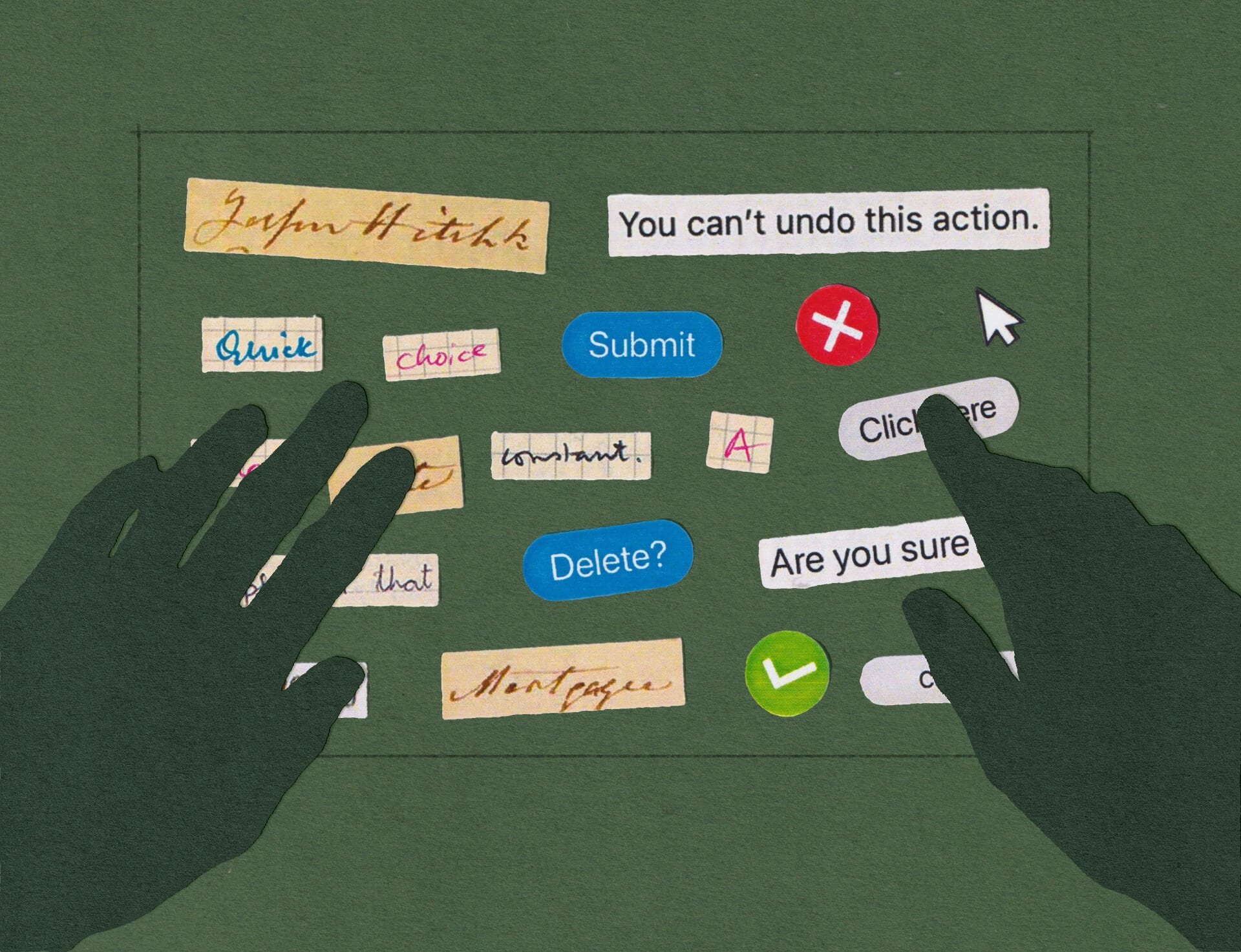 Two shadowy hands arrange a collage of words that read: 