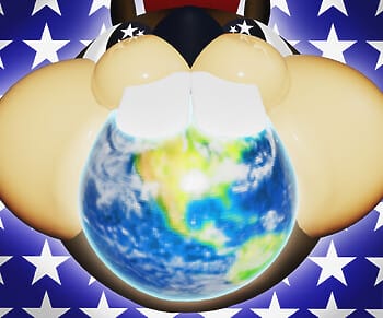 A chipmunk holding the Earth in its mouth, laid over a banner of white stars on a blue background.