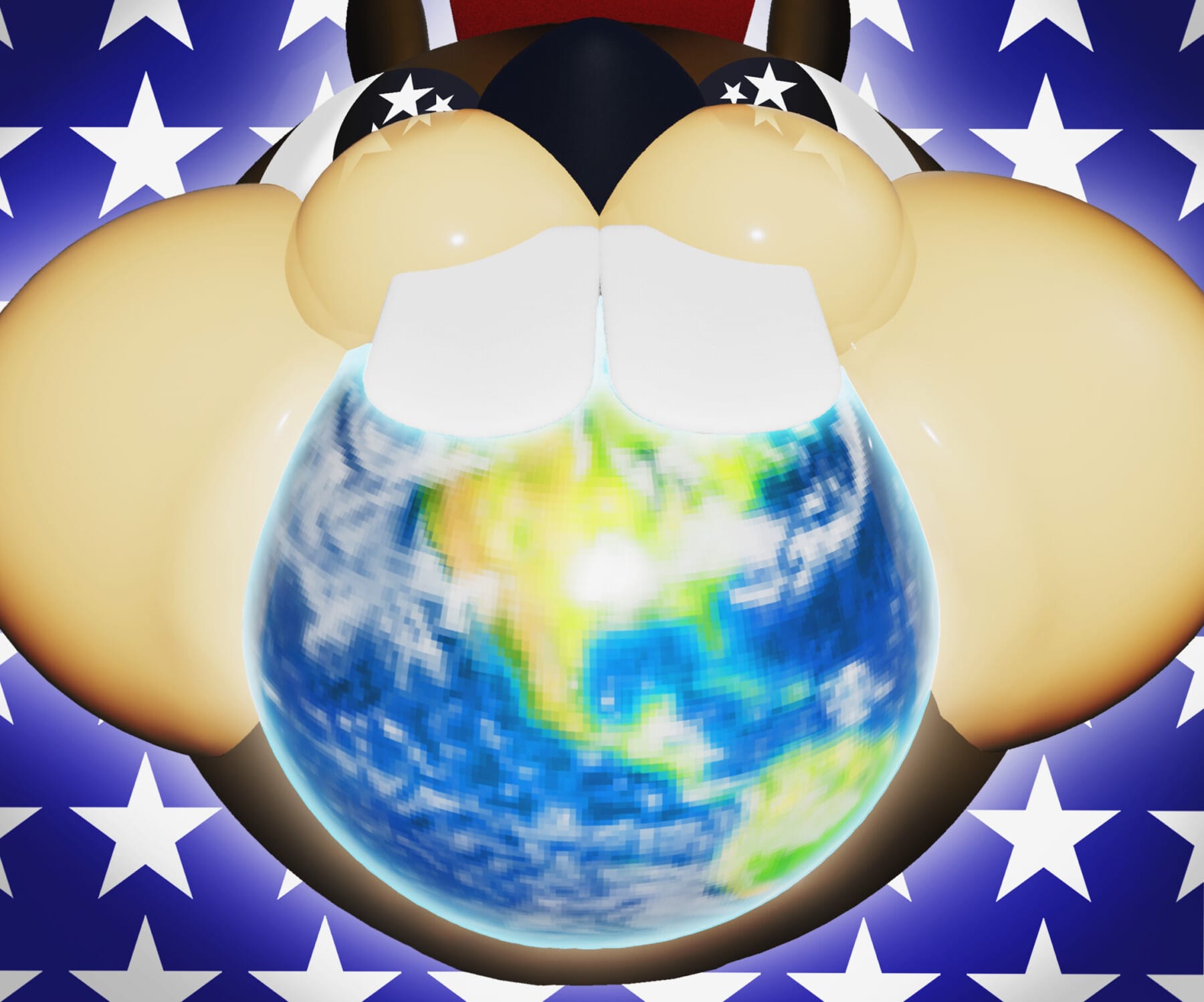 A chipmunk holding the Earth in its mouth, laid over a banner of white stars on a blue background.