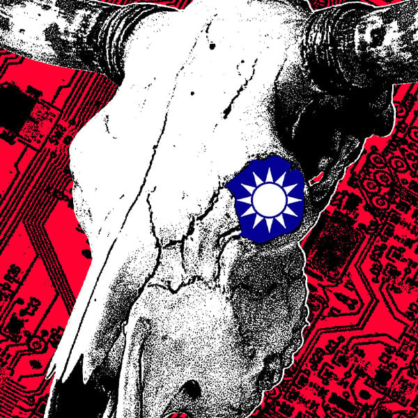 A black-and-white bull skull sitting atop a red circuit board.