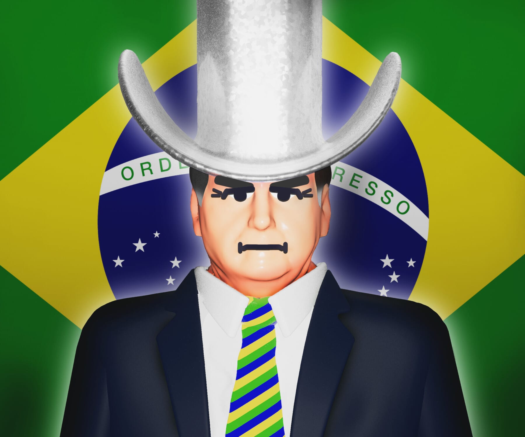 An illustration of Jair Bolsonaro wearing a silver cowboy hat, standing in front of a Brazilian flag.