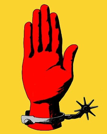 A red hand facing palm-forward, with a boot spur attached to its wrist.