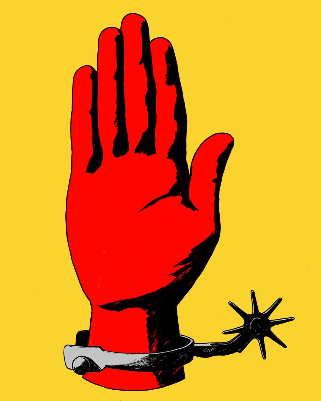 A red hand facing palm-forward, with a boot spur attached to its wrist.