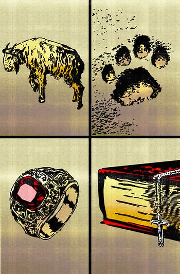 An illustration split into four sections includes a horned goat, a large paw print, a ring with a red gemstone, and a red hardcover book with a Christian cross necklace laid over the edge.