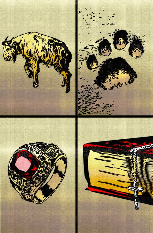 An illustration split into four sections includes a horned goat, a large paw print, a ring with a red gemstone, and a red hardcover book with a Christian cross necklace laid over the edge.