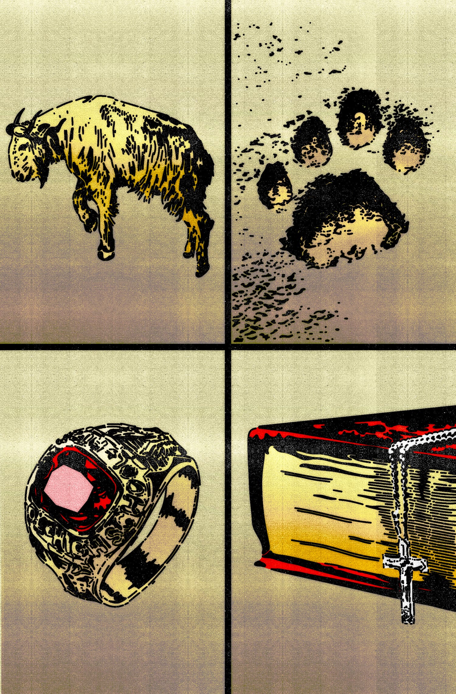 An illustration split into four sections includes a horned goat, a large paw print, a ring with a red gemstone, and a red hardcover book with a Christian cross necklace laid over the edge.