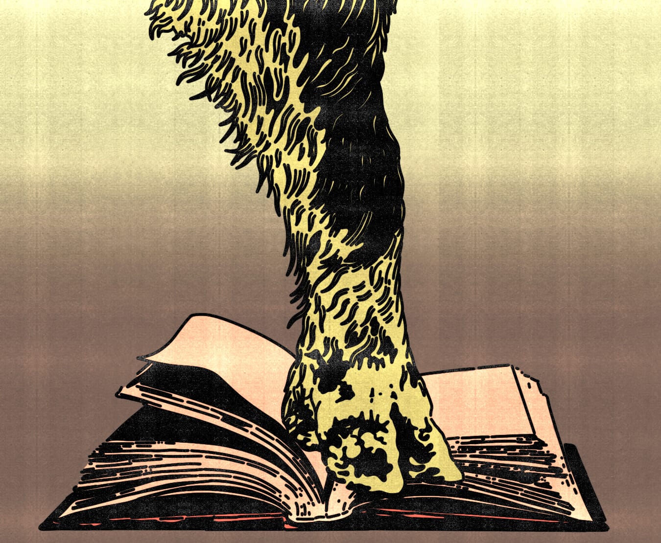 An illustration of a book held open by a hairy hoofed leg.