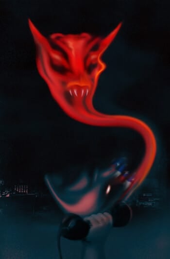 A red, ghostly demon with fangs rises like smoke from a phone receiver against a black background.