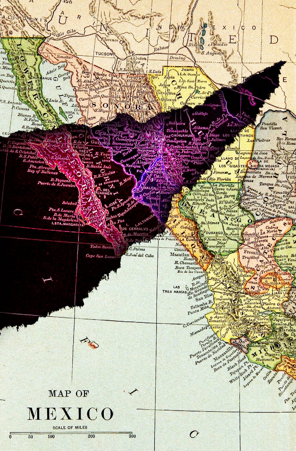 A map of western Mexico with a black shadow extending from the Pacific Ocean across the coastline, tunneling into the Southwestern U.S.