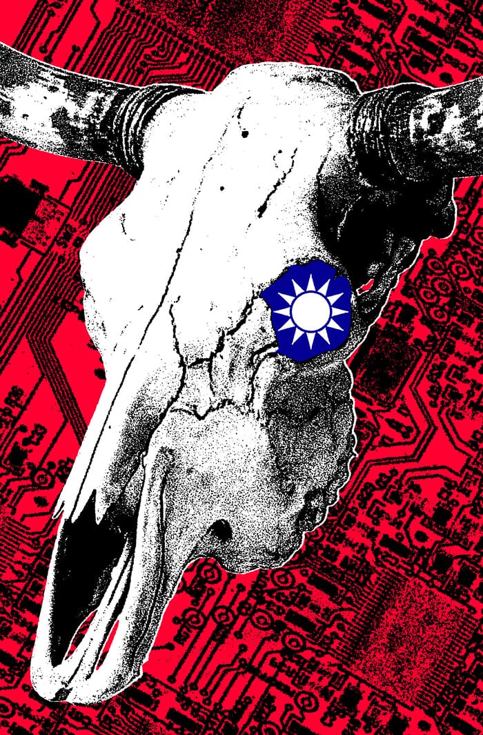 A black-and-white bull skull sitting atop a red circuit board.