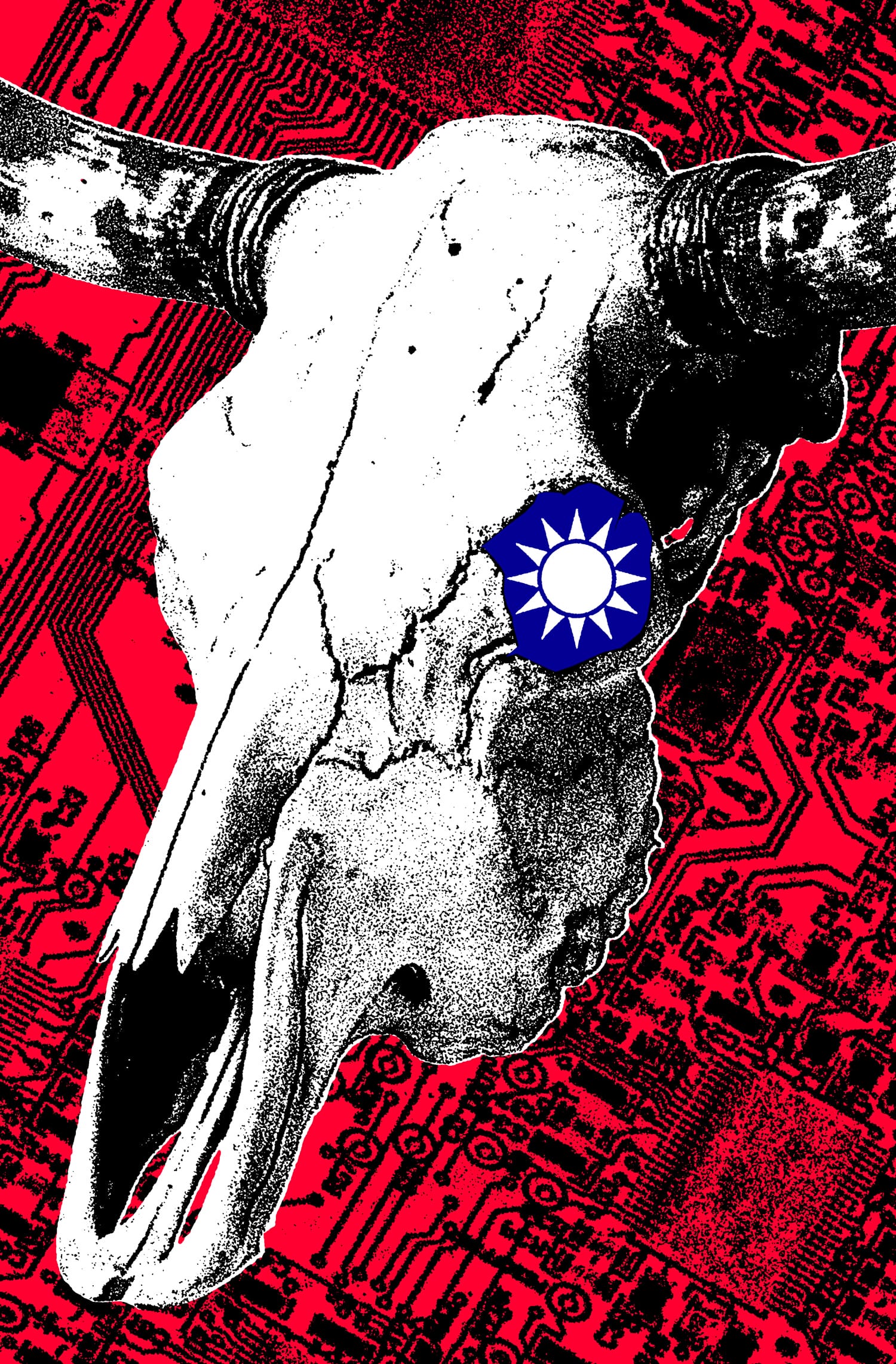 A black-and-white bull skull sitting atop a red circuit board.
