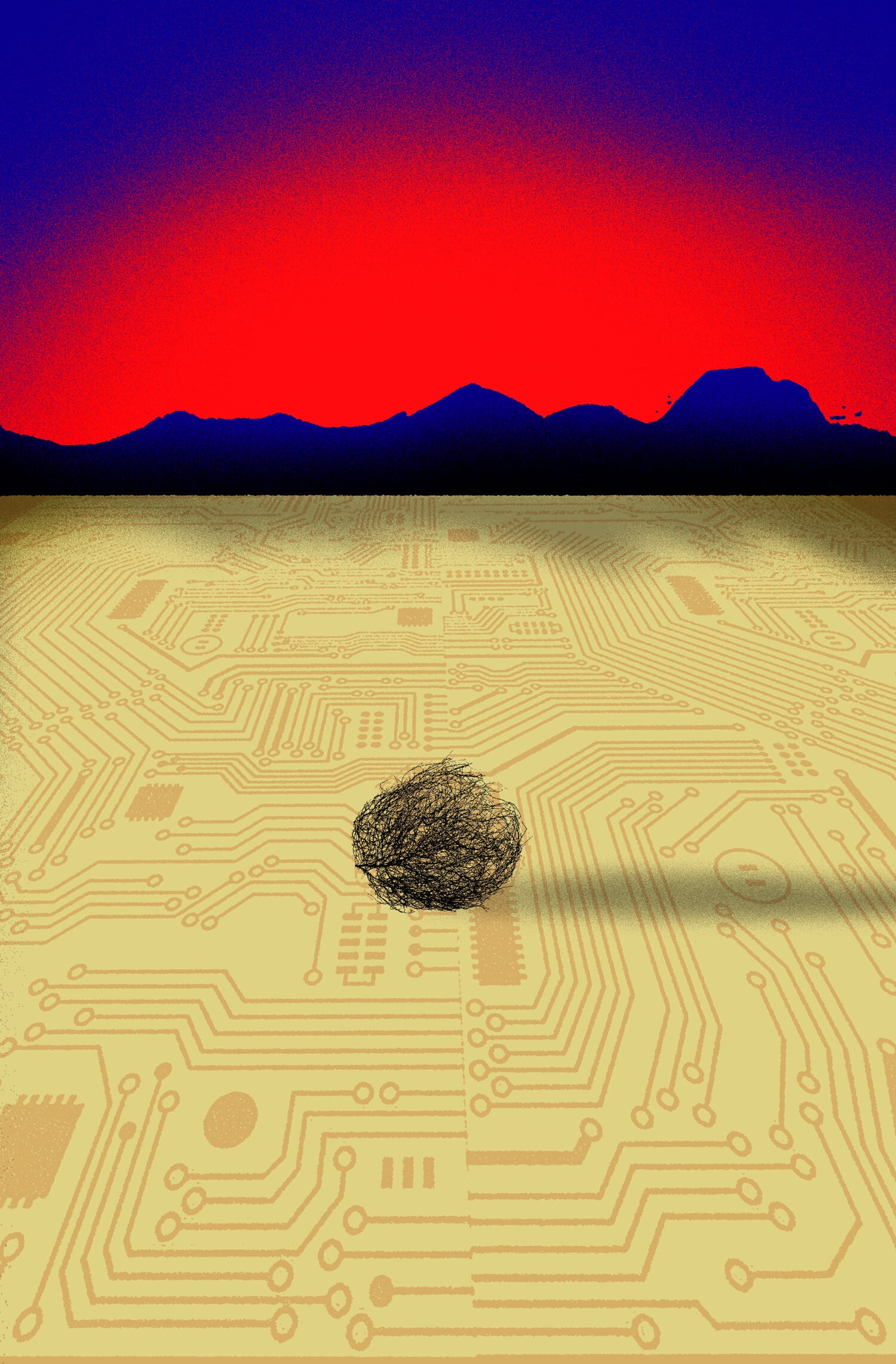 A dust ball rests on a yellow circuit board, with purple mountains and a rosy sky above it.