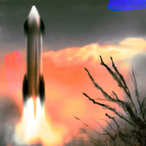 An ocelot sits in the wilds of a desert, watching a rocket launch up into the sky.